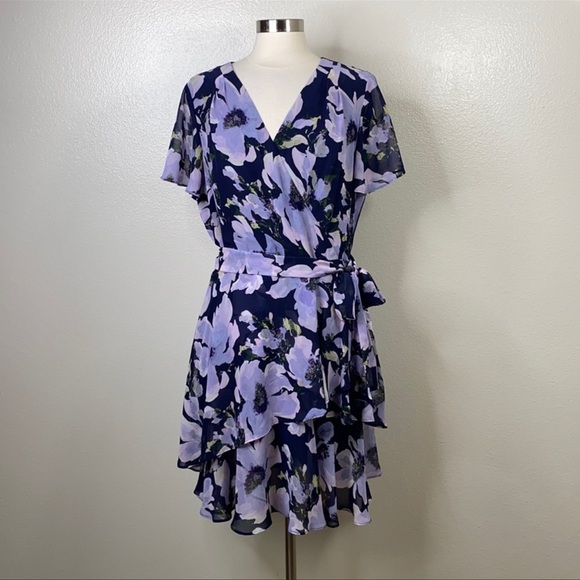 ASL TAHARI Purple Floral Print Ruffle Dress - Picture 1 of 8